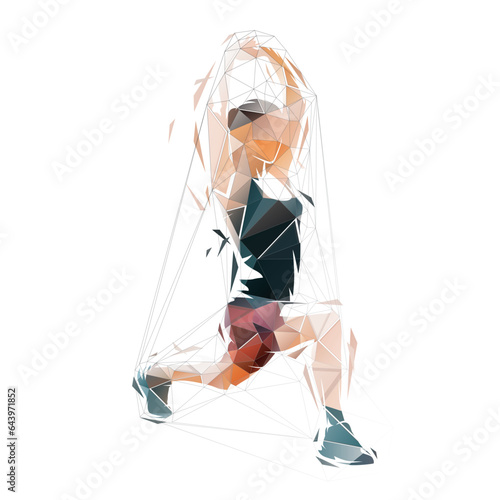 Woman stretches her thigh muscles after a workout. Regeneration after running, low poly isolated vector illustration