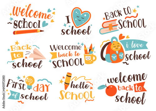 Back to school sticker badge with hand drawing lettering and education accessories isolated set