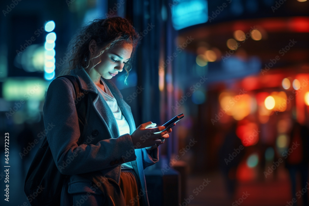 Night city scene, woman using mobile app on the phone under neon lights of street Night city scene, woman using mobile app on the phone under neon lights of street