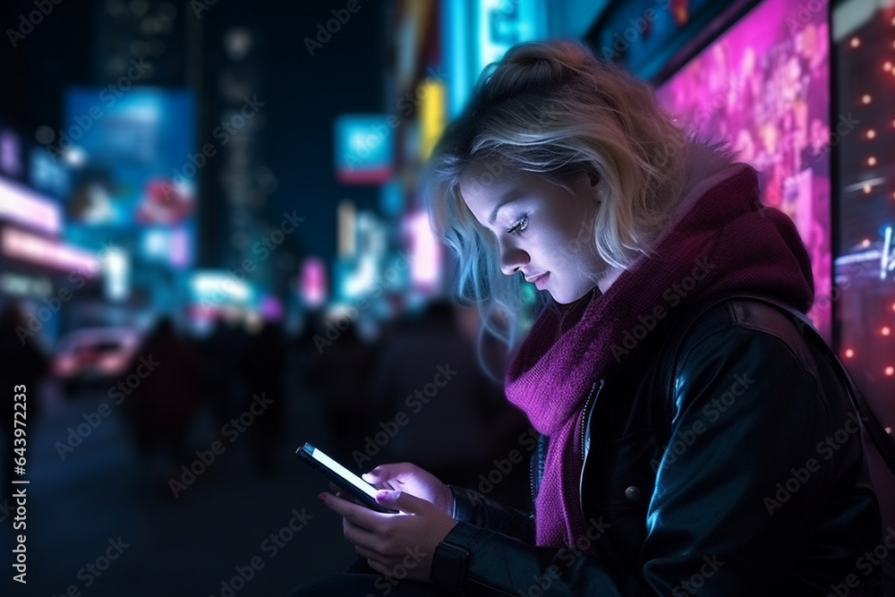 Night city scene, woman using mobile app on the phone under neon lights of street Night city scene, woman using mobile app on the phone under neon lights of street
