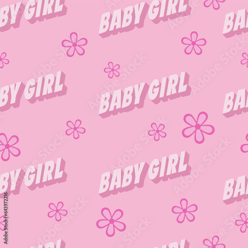 Baby girl letterring seamless pattern. Cute girly background wallpaper. Barby style. Vector photo