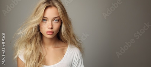 blonde model wearing white tshirt on grey background for mock up
