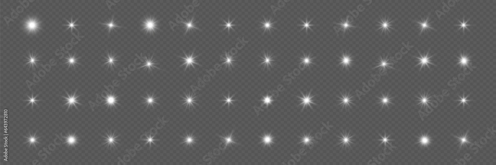Glare set. Flashes of rays of light. The effect of glow, radiance, shine. Collection of various glowing sparks, stars. On a transparent background. Glare set. Flashes of rays of light. The effect of glow, radiance, shine. Collection of various glowing sparks, stars. On a transparent background.