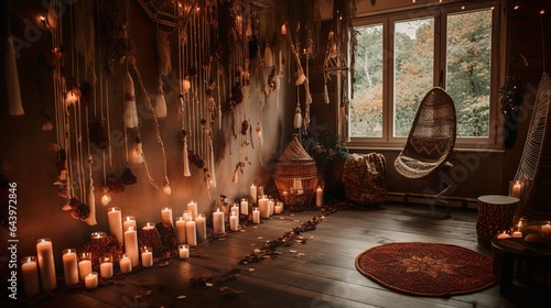 Cozy autumn decor with warm lights, candles and boho carpets 