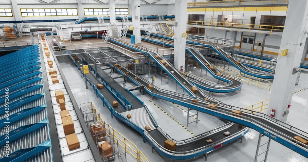 Aerial Style 3D Animation of a Modern Automated Conveyor Belt System at a Mail Services and Logistics Center. Moving Line with Different Boxes, Parcels and Packages Sorted and Prepared for Shipping Aerial Style 3D Animation of a Modern Automated Conveyor Belt System at a Mail Services and Logistics Center. Moving Line with Different Boxes, Parcels and Packages Sorted and Prepared for Shipping