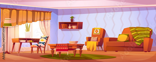 Home living room interior with sofa and furniture cartoon background. Indoor house apartment design with lounge and sleep place. Retro bohemian furnished flat with decor on shelf panoramic concept