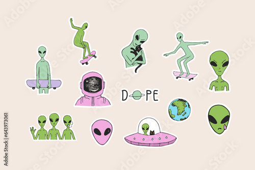 Alien, UFO, space, astronaut. Alien with a skateboard. Spaceship. Hand drawn stickers. Vector