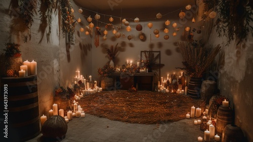 Cozy autumn wedding inside setup with warm lights, candles and boho carpets 