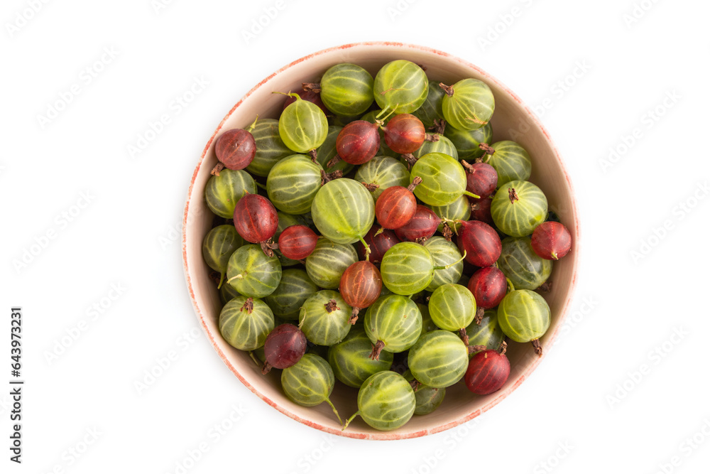 Fresh red and green gooseberry in ceramic bowl isolated on white, top view. Fresh red and green gooseberry in ceramic bowl isolated on white, top view.