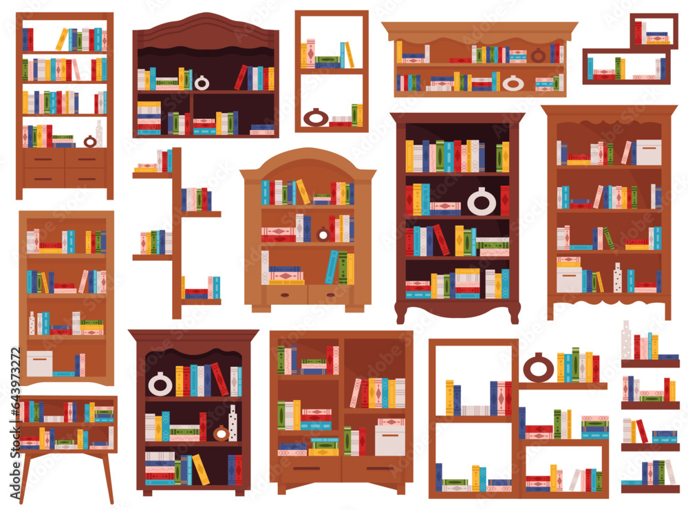 Wooden bookcases, shelves with books and items, bookstore and home interior vector illustration Wooden bookcases, shelves with books and items, bookstore and home interior vector illustration