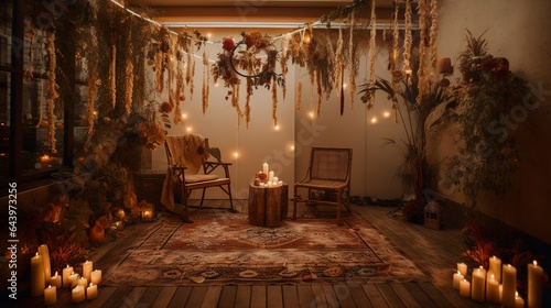 Cozy autumn wedding inside setup with warm lights 