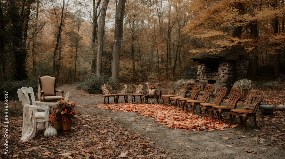 Vintage and bohemian autumn wedding decoration in the forest 