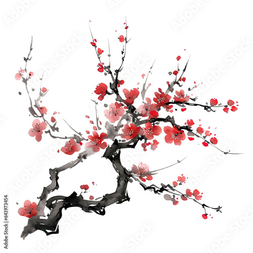 Traditional ink painting style sakura tree branches, Beautiful pink cherry blossom, spring flowers Fototapet