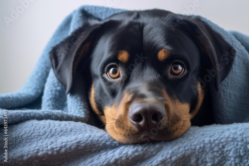 Photography in the style of pensive portraiture of a happy rottweiler lifting paw wearing an anxiety wrap against a modern minimalist interior. With generative AI technology