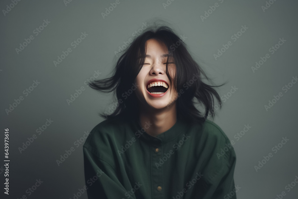 A content young woman, wrapped in earth tone attire, green gray and brown, bursts into laughter against a studio backdrop. Her carefree expression radiates warmth and comfort. Generative AI A content young woman, wrapped in earth tone attire, green gray and brown, bursts into laughter against a studio backdrop. Her carefree expression radiates warmth and comfort. Generative AI