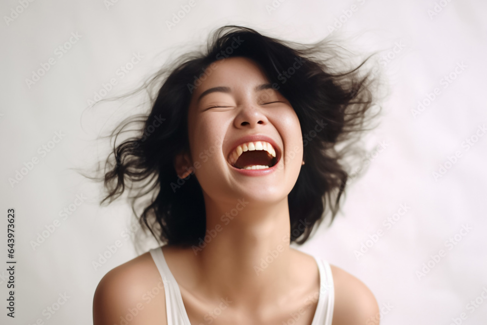 A content young woman, wrapped in earth tone attire, green gray and brown, bursts into laughter against a studio backdrop. Her carefree expression radiates warmth and comfort. Generative AI A content young woman, wrapped in earth tone attire, green gray and brown, bursts into laughter against a studio backdrop. Her carefree expression radiates warmth and comfort. Generative AI