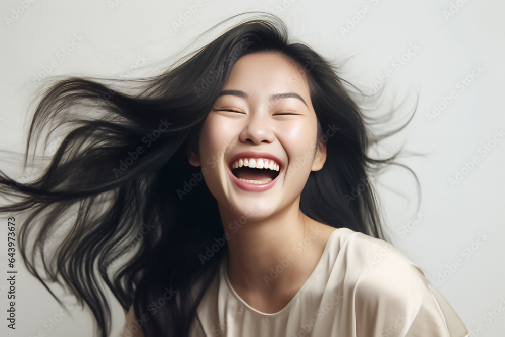 A content young woman, wrapped in earth tone attire, green gray and brown, bursts into laughter against a studio backdrop. Her carefree expression radiates warmth and comfort. Generative AI A content young woman, wrapped in earth tone attire, green gray and brown, bursts into laughter against a studio backdrop. Her carefree expression radiates warmth and comfort. Generative AI