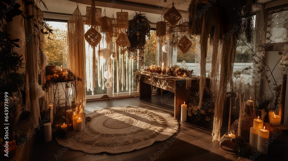 Boho style warm and cosy wedding ceremony fall decor with macrame and fallen leaves 