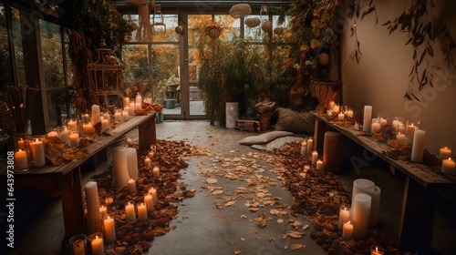 Cozy and bohemian-style vintage outside wedding decoration in autumnal season 