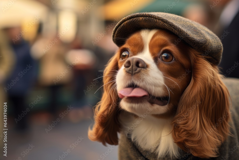 Medium shot portrait photography of a smiling cavalier king charles spaniel dog chewing bones wearing a beret against a bustling farmer's market. With generative AI technology Medium shot portrait photography of a smiling cavalier king charles spaniel dog chewing bones wearing a beret against a bustling farmer's market. With generative AI technology