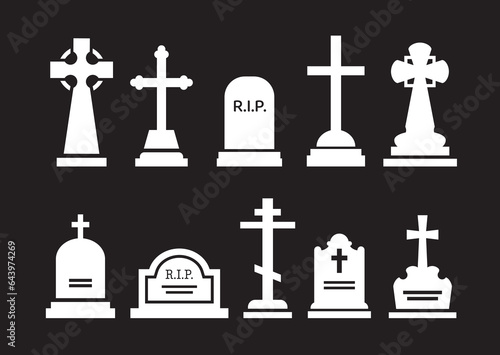 Gravestone and tombstone silhouettes. Tomb stone and headstone. Isolated vector white memorial markers, representing lives lived and paying homage to the departed. Rip granite plates and crosses set