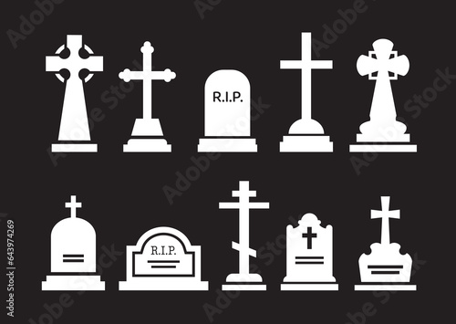 Gravestone and tombstone silhouettes. Tomb stone and headstone. Isolated vector white memorial markers, representing lives lived and paying homage to the departed. Rip granite plates and crosses set