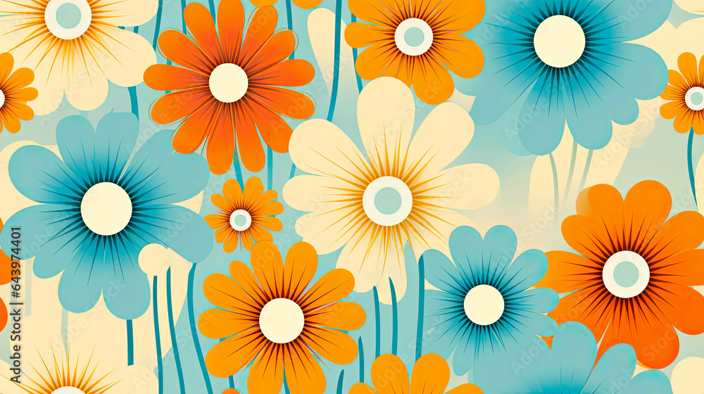 Seamless 70s Retro Style poster art with flowers, and retro colors such as orange, pale blue, yellow and greens. Background wall art. Repetitive texture.