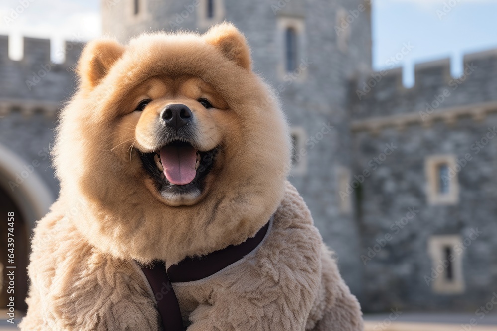 Medium shot portrait photography of a smiling chow chow dog licking face wearing a teddy bear costume against a historic castle backdrop. With generative AI technology Medium shot portrait photography of a smiling chow chow dog licking face wearing a teddy bear costume against a historic castle backdrop. With generative AI technology