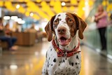 Group portrait photography of a funny brittany dog barking wearing a polka dot bandana against a busy airport terminal. With generative AI technology