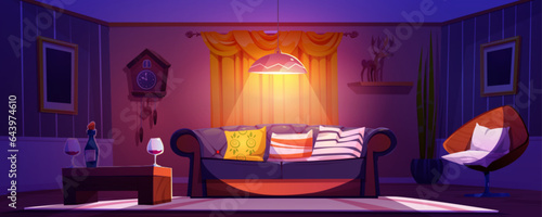 Living room interior. Cartoon vector cozy house or hotel inside with wine and two glasses on table, sofa with pillows, vintage clock and decor on walls, and light from lamp. Evening relaxation at home