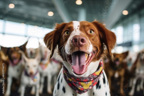 Group portrait photography of a funny brittany dog barking wearing a polka dot bandana against a busy airport terminal. With generative AI technology