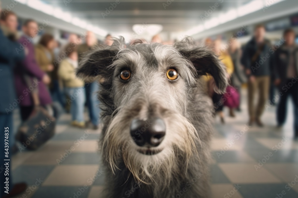 Fototapeta premium Close-up portrait photography of a curious scottish deerhound leaping wearing a floral collar against a busy airport terminal. With generative AI technology