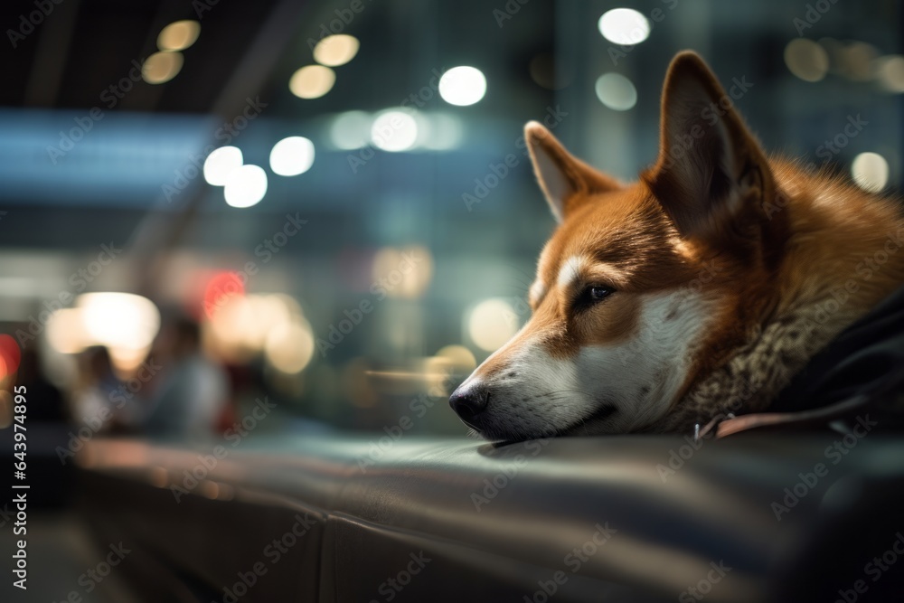 Photography in the style of pensive portraiture of a curious norwegian lundehund sleeping wearing a light-up collar against a busy airport terminal. With generative AI technology