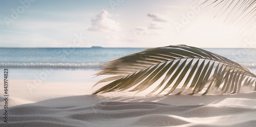 palm leaf on white sand beach psd file, in the style of realistic, poste. Generative AI