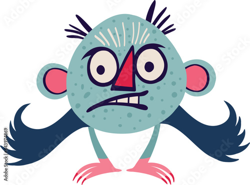 little blue monster with strange face. Halloween character in modern cartoon style