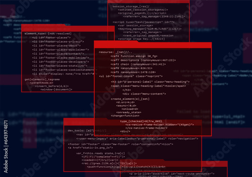 Programming computer code. Abstract visualization of coding. Digital background constructed with windows and different symbols. Vector illustration.