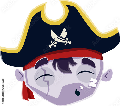 Cartoon Halloween sleeping pirate emoji character. Isolated vector snoozing corsair with closed eyes, bandana, and tricorn hat with crossed sabers. Spooky filibuster personage face makes a sound zzz