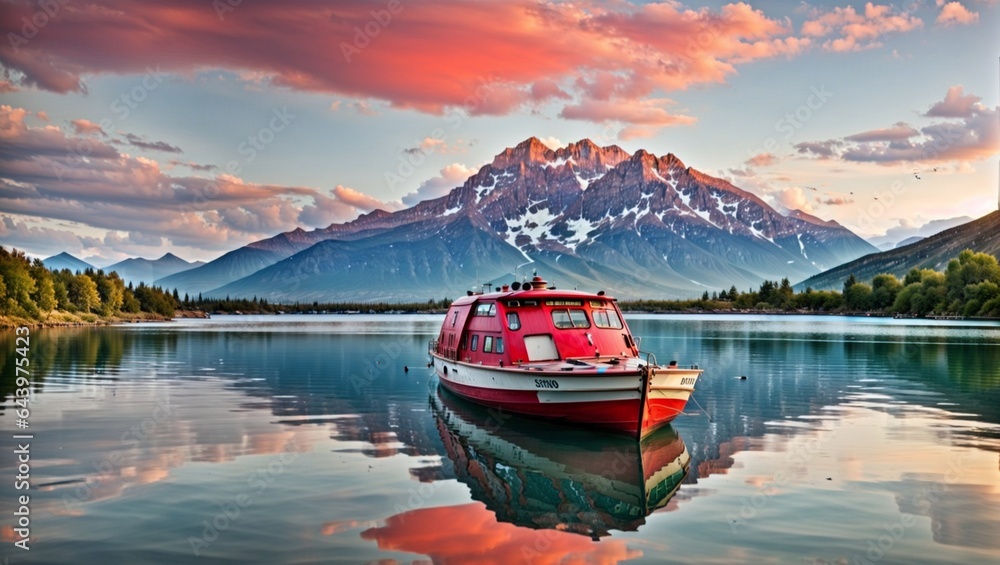 One boat with a red stripe is docked in a lake with mountain ina background

