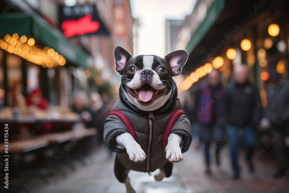 Medium shot portrait photography of a happy boston terrier leaping wearing a puffer jacket against a bustling city cafe. With generative AI technology Medium shot portrait photography of a happy boston terrier leaping wearing a puffer jacket against a bustling city cafe. With generative AI technology