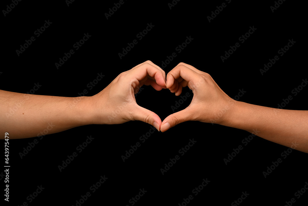 Couple making a heart shape with their hands symbol of love, Valentine's day, health insurance, charity and appreciation concept - obrazy, fototapety, plakaty 