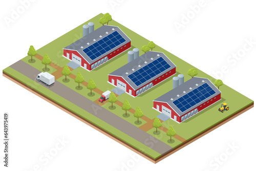 Isometric Poultry Farm Industrial. Poultry farm building, production of chicken meat, eggs.