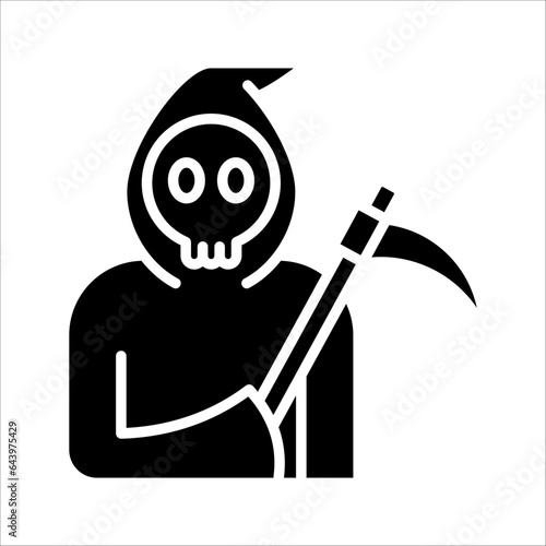 Photo Grim reaper or death with hood and skull wielding a scythe flat simple icon, vec