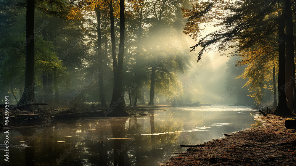 Obraz premium landscape morning in the autumn misty forest, the rays of sunlight at dawn shine through the fog in a panoramic view of the October park