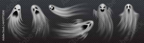 Realistic Halloween ghosts, poltergeist monsters and boo spirits on vector transparent background. Halloween horror night flying spooky ghosts with scary faces and grim smiles for Halloween party