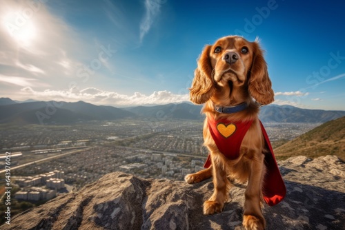 Photography in the style of pensive portraiture of a funny cocker spaniel hiding bones wearing a superhero costume against a backdrop of mountain peaks. With generative AI technology