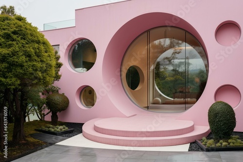 Modern pink house with a circular niche. Generative AI