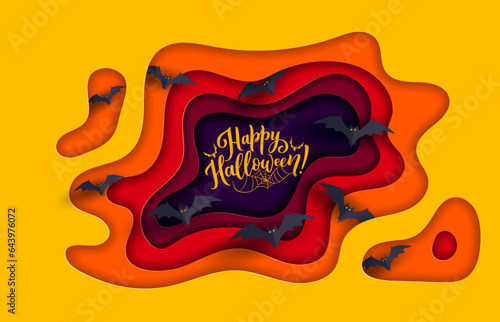 Halloween paper cut banner with flying bats and spiderweb, horror night holiday vector background. Happy Halloween greeting card in paper cut layers with spooky bats or scary cobweb for trick or treat