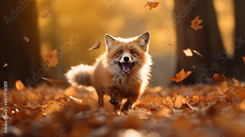 a cute fox runs in leaf fall through autumn leaves a view of wild nature the joy of change, a dynamic scene of flying leaves