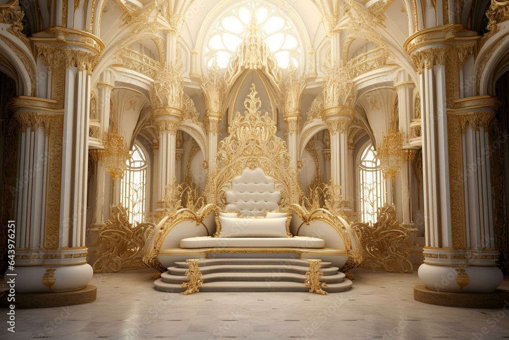 Elegant white and gold royal throne room. Generative AI