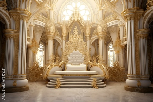 Elegant white and gold royal throne room. Generative AI © Ione